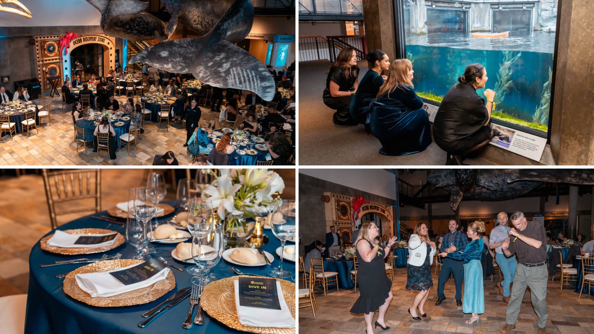 Grid of four images from the Safe Food California 2025 Gala: (1) wide shot of the full dinner setup from above, showing attendees dining beneath a life-sized whale installation, (2) four attendees crouched in front of the otter exhibit, captivated by the animals, (3) elegant table setup showcasing the gala’s beauty and attention to detail, and (4) attendees dancing—capturing the fun and vibrant close to the conference.